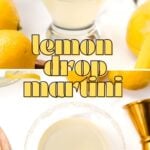 A lemon drop martini in a sugar-rimmed glass, garnished with a lemon twist, surrounded by lemons and a gold jigger.