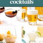 Collage of four different cocktails in glasses with text overlay: "12 celebration-worthy bachelor party cocktails" and a button labeled "Pin It.
