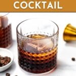 A glass of Black Russian cocktail with ice sits on a white surface next to coffee beans, a jigger, and another glass. Text reads: Black Russian Cocktail. Get the recipe. feastandwest.com.