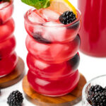 A red iced drink garnished with a lemon slice, mint sprig, and blackberry, served in a wavy glass on a wooden coaster.