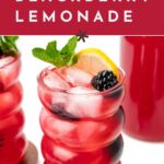 A glass of blackberry lemonade with ice, garnished with a lemon slice, mint, and a blackberry; text overlay reads "how to make blackberry lemonade.