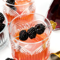 Two glasses of pink cocktail with ice, garnished with skewered blackberries, sit on a white surface alongside fresh blackberries and a cocktail shaker.