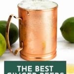 A copper mug filled with ice is being topped with ginger beer from a green bottle, surrounded by whole limes and a lime wedge. Text reads: “THE BEST GINGER BEERS.”.
