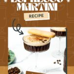 A tiramisu espresso martini in a cocktail glass topped with a ladyfinger, with a plate of coffee beans and another glass in the background.