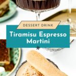 Two glasses of tiramisu espresso martini are topped with cocoa powder, coffee beans, and ladyfinger biscuits, with one being dipped into the drink.