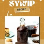 A bottle of tiramisu syrup sits on a table with ladyfingers, coffee beans, a measuring cup, and a slice of tiramisu in the background.