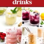 Four different baby shower drinks, including lemon mint, berry, strawberry, and coffee flavors, are displayed in clear glasses with ice and garnishes on a white background.