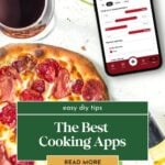 A pepperoni pizza, glass of red wine, and phone with a pizza app are shown next to a banner reading "The Best Cooking Apps" and a "Read More" button.