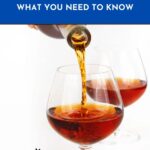 A bottle of brandy being poured into a glass, with another filled glass beside it; text above reads "Brandy 101: What You Need to Know.
