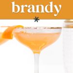 A coupe glass filled with brandy and garnished with an orange peel sits in front of a gold-rimmed shaker, with text reading "How to Choose the Perfect Brandy.