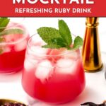 Glass of bright pink hibiscus mocktail with ice and mint garnish, surrounded by bartending tools and another drink in the background. Text overlays promote the recipe.