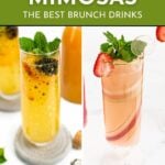 Two vibrant fruit mimosas in tall glasses, garnished with fresh herbs and fruit slices, with text highlighting delicious mimosa recipes for brunch from feastandwest.com.