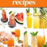A collage of four different mimosa drinks garnished with fruit, featuring the text "19 Delicious & Homemade Mimosa Recipes" and "feastandwest.com"—perfect inspiration for anyone seeking creative mimosa recipes.