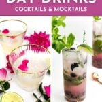 A split image showing two Mother's Day drinks: one with pink petals in a glass, the other a mint and berry Mother's Day mocktail with a straw, alongside flowers and lime slices. Text: "Mother's Day Drinks: Cocktails & Mocktails.