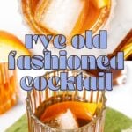 Several rye old fashioned cocktails with large ice cubes rest on green napkins, viewed from above.