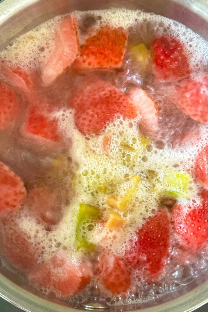 Strawberry and rhubarb pieces boil in a pot of water, forming a foamy surface as they transform into a luscious strawberry rhubarb syrup.