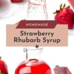 A glass bottle and shot glass filled with bright red strawberry rhubarb syrup, surrounded by fresh strawberries and rhubarb on a white surface, perfectly showcase the vibrant allure of homemade strawberry rhubarb syrup.