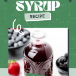 A glass bottle of mixed berry syrup with fresh strawberries and blueberries nearby. Text: Berry Syrup Recipe.