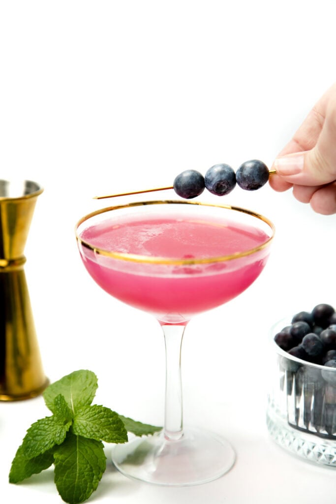 Pink cocktail in a gold-rimmed glass, garnished with blueberries on a stick; mint and jigger nearby.