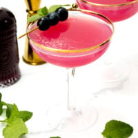 Two pink cocktails in gold-rimmed glasses, garnished with blueberries and mint, surrounded by mint leaves.