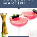 Two pink blueberry martinis in coupe glasses, garnished with blueberries, next to a gold jigger.