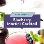 A bright pink blueberry martini cocktail garnished with blueberries and mint in a gold-rimmed glass.