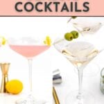 Two classic cocktails in glasses: one pink with a lemon twist, one clear with olives, and classic cocktail tools nearby.