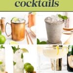 A collage of four classic cocktails in different glasses, garnished with lime and mint, with text highlighting classic cocktail recipes.