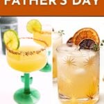 Two cocktails garnished with lime on a white background, with text reading "Drinks for Father's Day.
