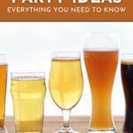 Four glasses of different beers on a wooden table with text about beer tasting party ideas above them.