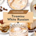 Iced tiramisu white russian cocktail in a glass, surrounded by coffee beans and creamy tiramisu dessert slices.