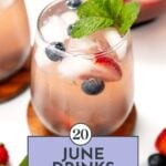 Iced fruity drink with strawberries, blueberries, mint, and ice in a glass, labeled "20 June Drinks.