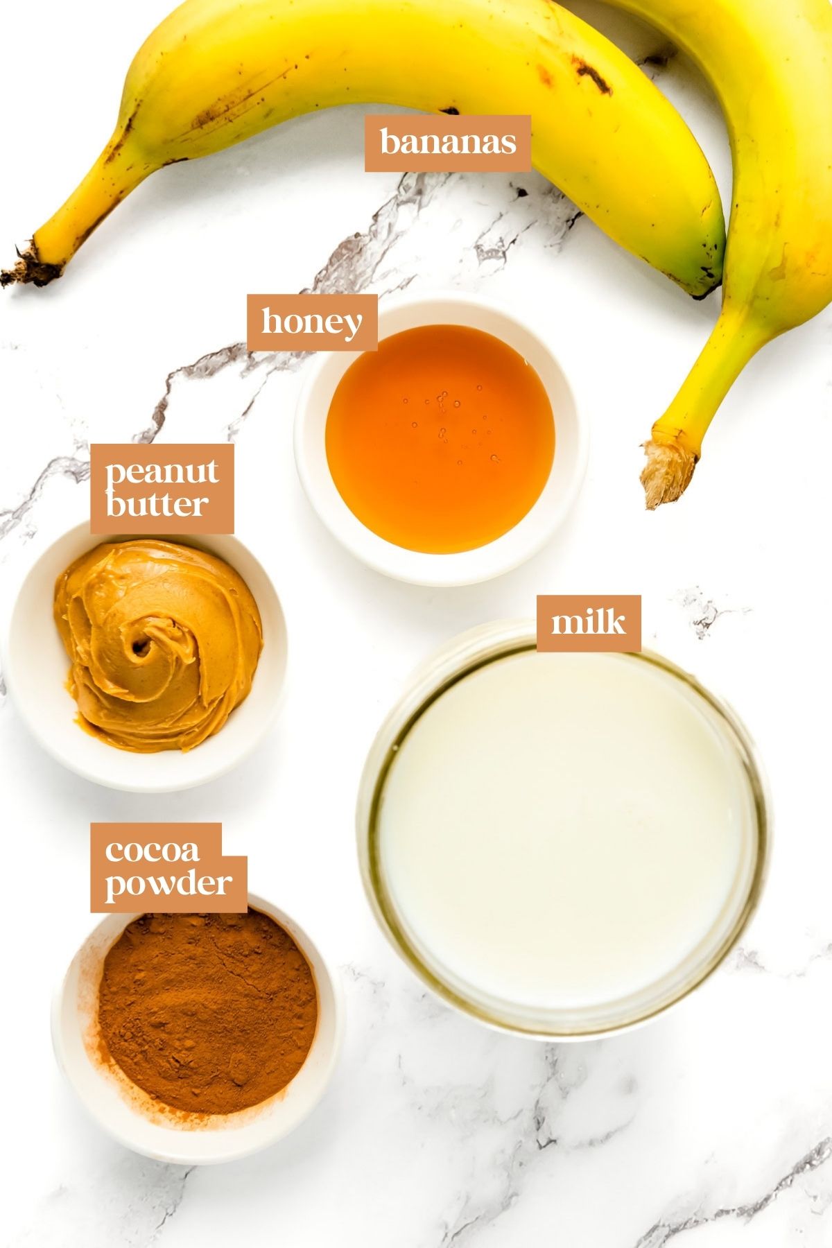 Bananas, honey, peanut butter, cocoa powder, and milk arranged in bowls and a glass on a white surface.