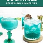 Two blue cocktails in glasses with lime garnishes on a white background; text reads "Blue Cocktails, See the Recipes.