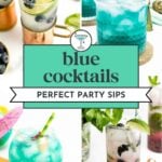 Four vibrant blue cocktails in stylish glasses, garnished with fruit and mint, perfect for parties.