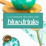A collage of vibrant blue cocktails with ice, garnishes, and umbrellas, promoting blue drink recipes.