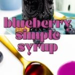 A bottle of blueberry syrup, blueberries, and a golden spoon with syrup on a white background.