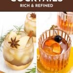 Two brandy cocktails garnished with fruit, spices, and herbs next to text promoting cocktail recipes.