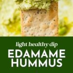 Edamame hummus garnished with herbs, served with a cracker; recipe steps shown below.