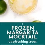 Top-down view of a frozen margarita mocktail with a lime wedge, surrounded by whole limes and gold-rimmed glass.