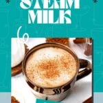 A mug of steamed milk topped with cinnamon sits on a white surface with spices in the background.