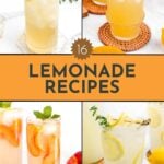 Collage of four different lemonade drinks in glasses with lemon slices and garnishes; text reads "16 Lemonade Recipes.