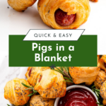 Golden pigs in a blanket with poppy seeds, served with ketchup and garnished with fresh rosemary.