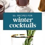 Winter cocktails in elegant glasses with garnish, topped with whipped cream and spices, on a white background.