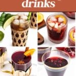 Collage of four colorful drinks in glasses with text: "16 Ideas for Game Day World Cup Drinks.