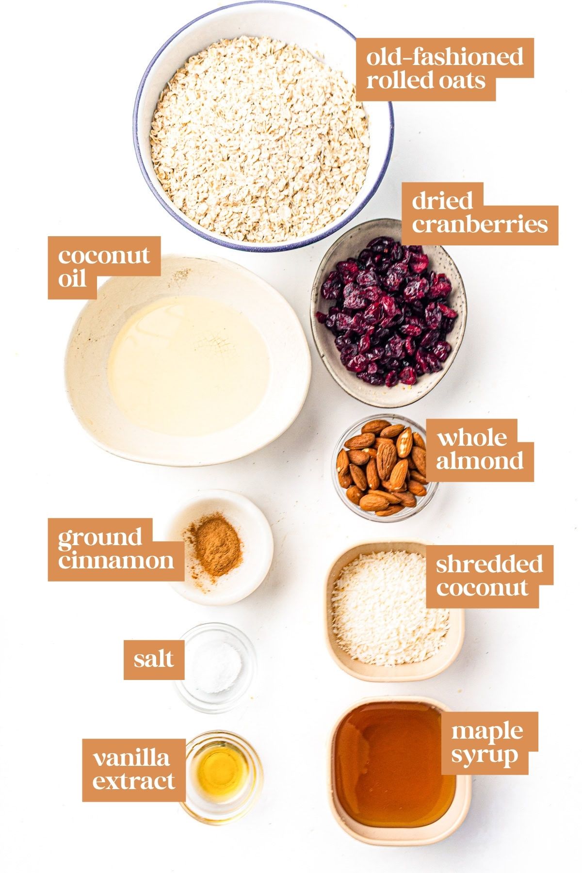 Bowls of oats, dried cranberries, almonds, shredded coconut, coconut oil, cinnamon, maple syrup, salt, vanilla.