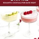 Two cocktails in glasses, one with lime slices, one pink with raspberries, on a white background.