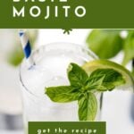A basil mojito cocktail with ice, basil garnish, and a striped straw, recipe link shown.