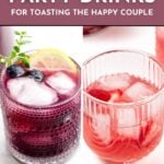 Two colorful cocktails in textured glasses, one purple with fruit, one pink with ice, set against a split background.