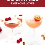 Two elegant French cocktails in coupe glasses, garnished with raspberries and citrus, are artfully displayed on a white background.